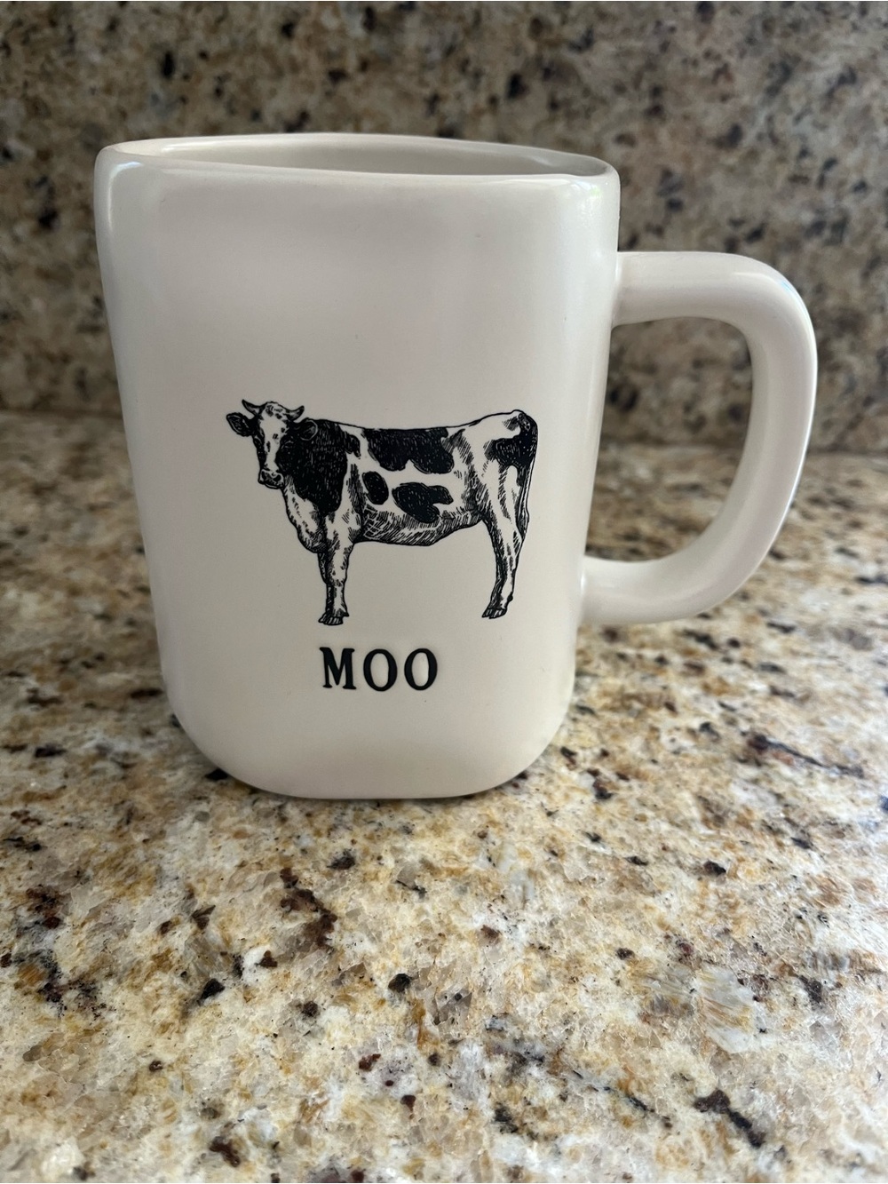 Rae Dunn White Farmhouse Mug with Black Cow Moo